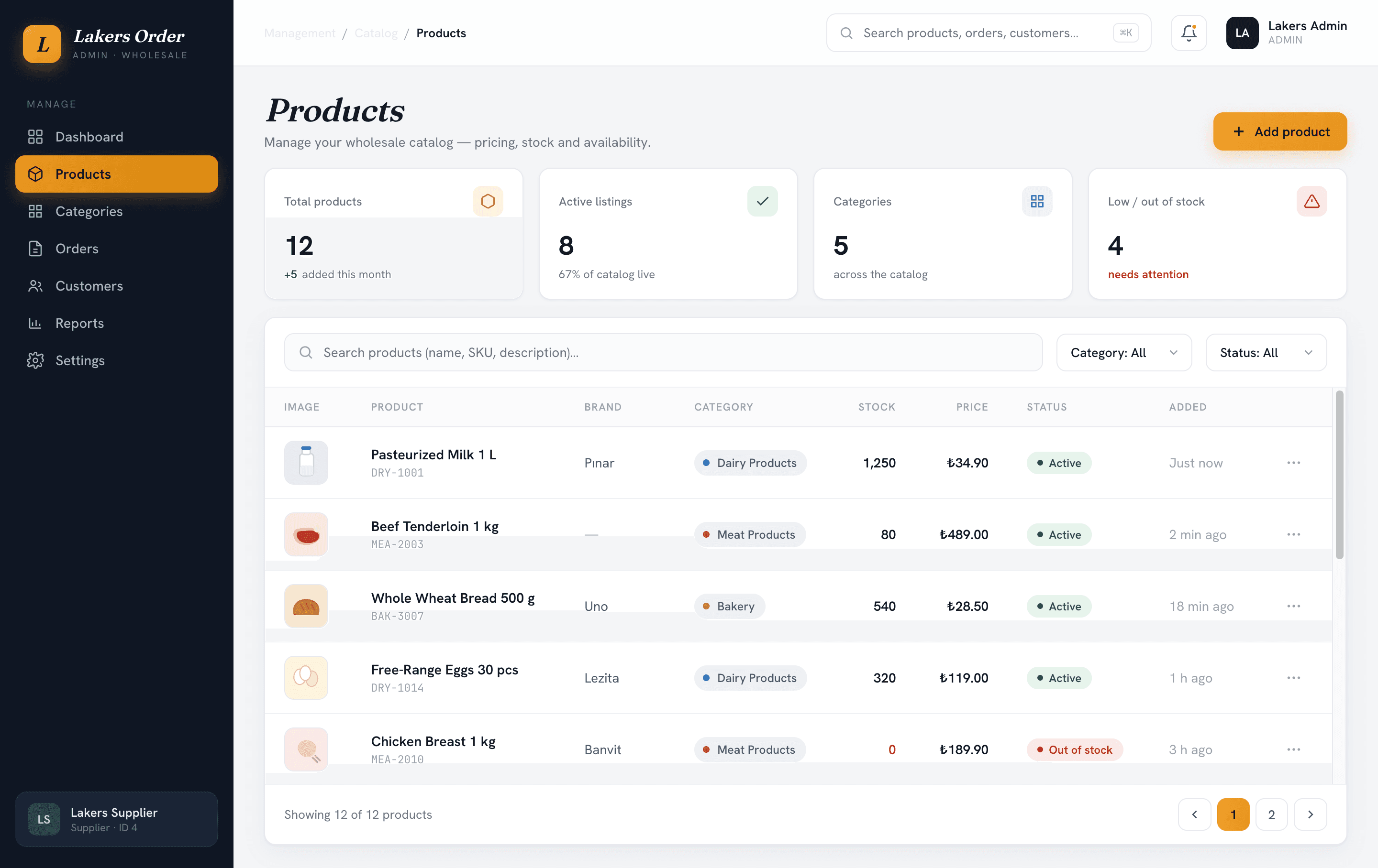 B2B platform — products catalog